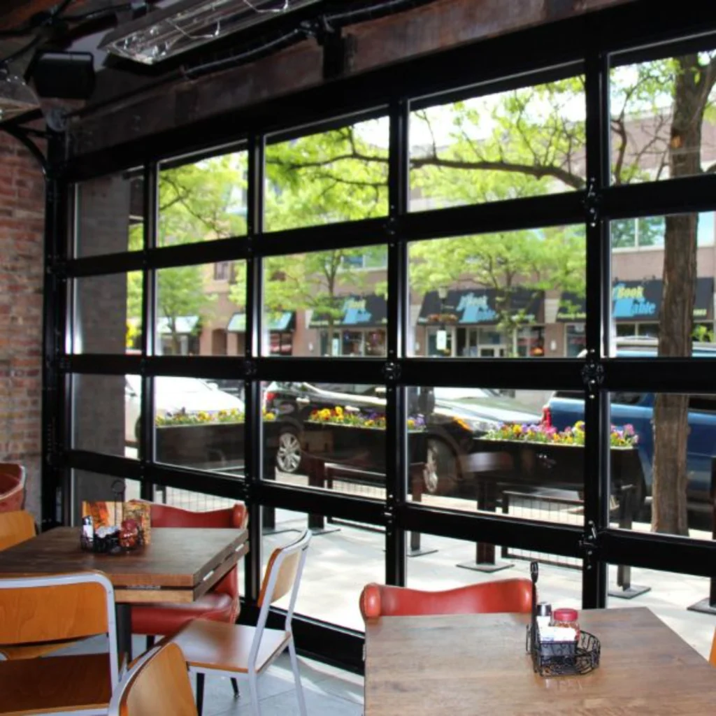 Close-up of overhead door track at local restaurant